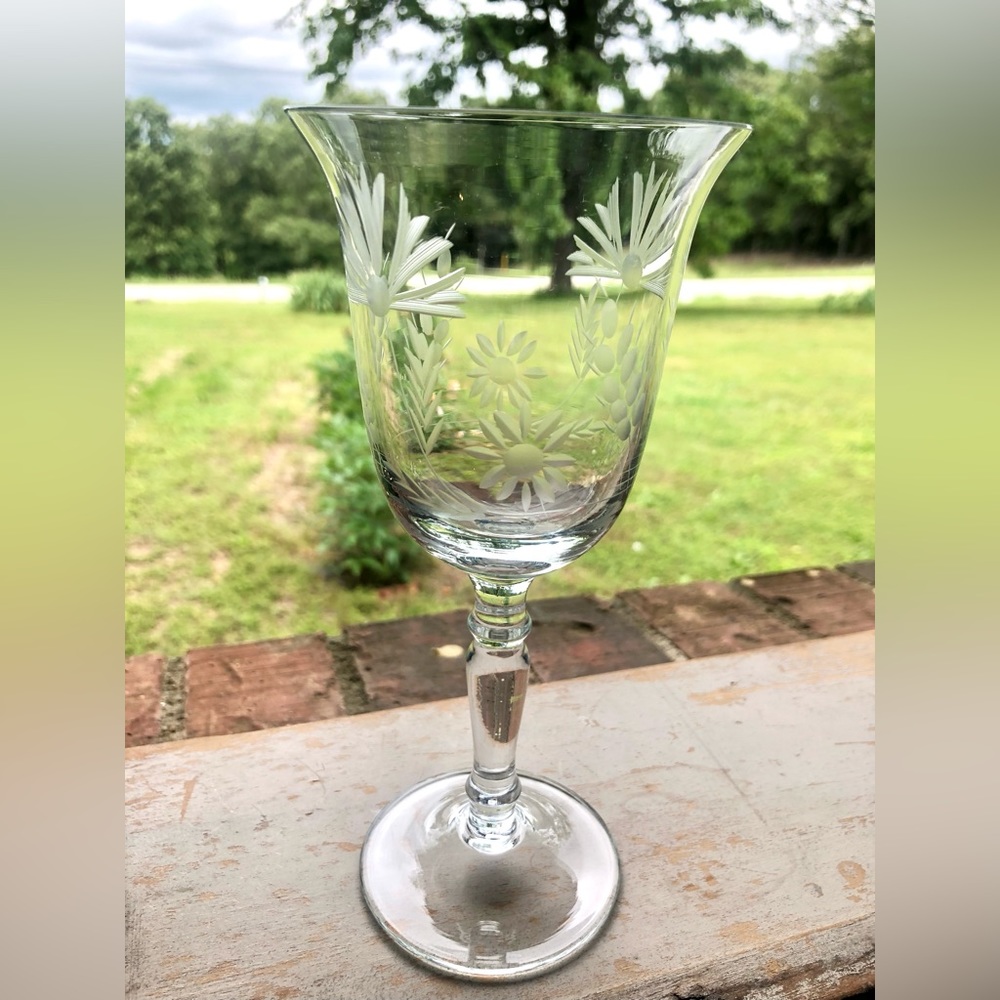 3385 Floral Etched Wine Stem Clear Footed very Delicate Elegant Wine Glass